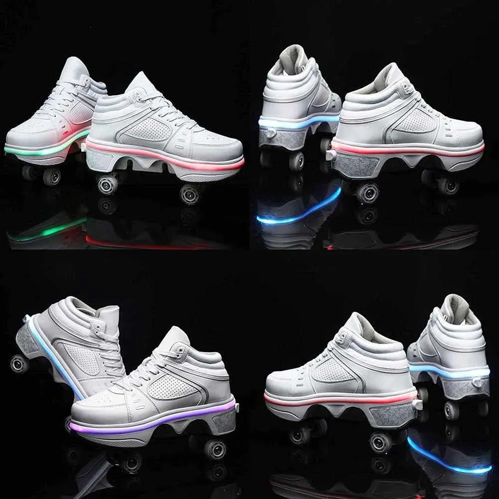 Roller Skates for Women Men Outdoor,2 in1 Parkour Shoes with Wheels for Girls/Boys,Double Row Deform Kick Roller Shoes Retractable Adults/Kids,Quad Roller Skates,Skating Shoes Recreation Sneakers