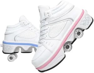 Roller Skates for Women Men Outdoor,2 in1 Parkour Shoes with Wheels for Girls/Boys,Double Row Deform Kick Roller Shoes Retractable Adults/Kids,Quad Roller Skates,Skating Shoes Recreation Sneakers