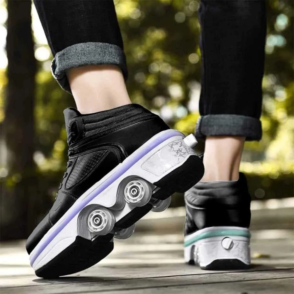 Roller Skates for Women Men Outdoor,2 in1 Parkour Shoes with Wheels for Girls/Boys,Double Row Deform Kick Roller Shoes Retractable Adults/Kids,Quad Roller Skates,Skating Shoes Recreation Sneakers