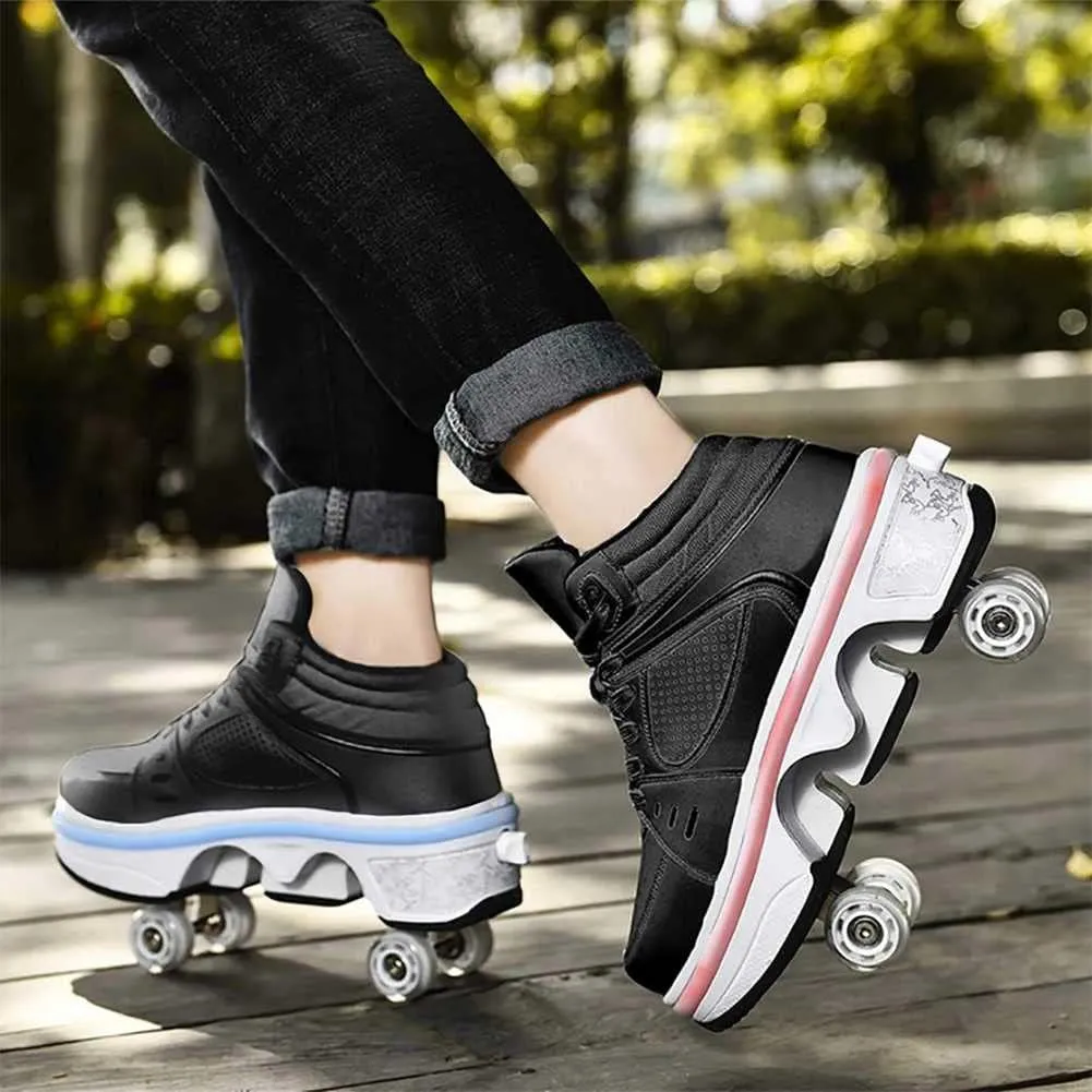 Roller Skates for Women Men Outdoor,2 in1 Parkour Shoes with Wheels for Girls/Boys,Double Row Deform Kick Roller Shoes Retractable Adults/Kids,Quad Roller Skates,Skating Shoes Recreation Sneakers
