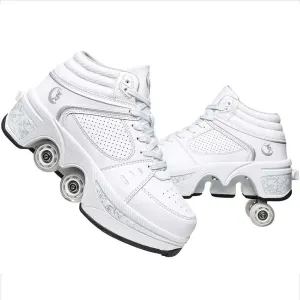 Roller Skates for Women Men Outdoor,2 in1 Parkour Shoes with Wheels for Girls/Boys,Double Row Deform Kick Roller Shoes Retractable Adults/Kids,Quad Roller Skates,Skating Shoes Recreation Sneakers