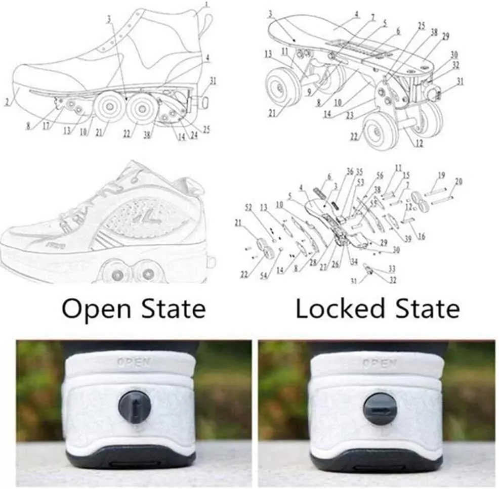 Roller Skates for Women Men Outdoor,2 in1 Parkour Shoes with Wheels for Girls/Boys,Double Row Deform Kick Roller Shoes Retractable Adults/Kids,Quad Roller Skates,Skating Shoes Recreation Sneakers