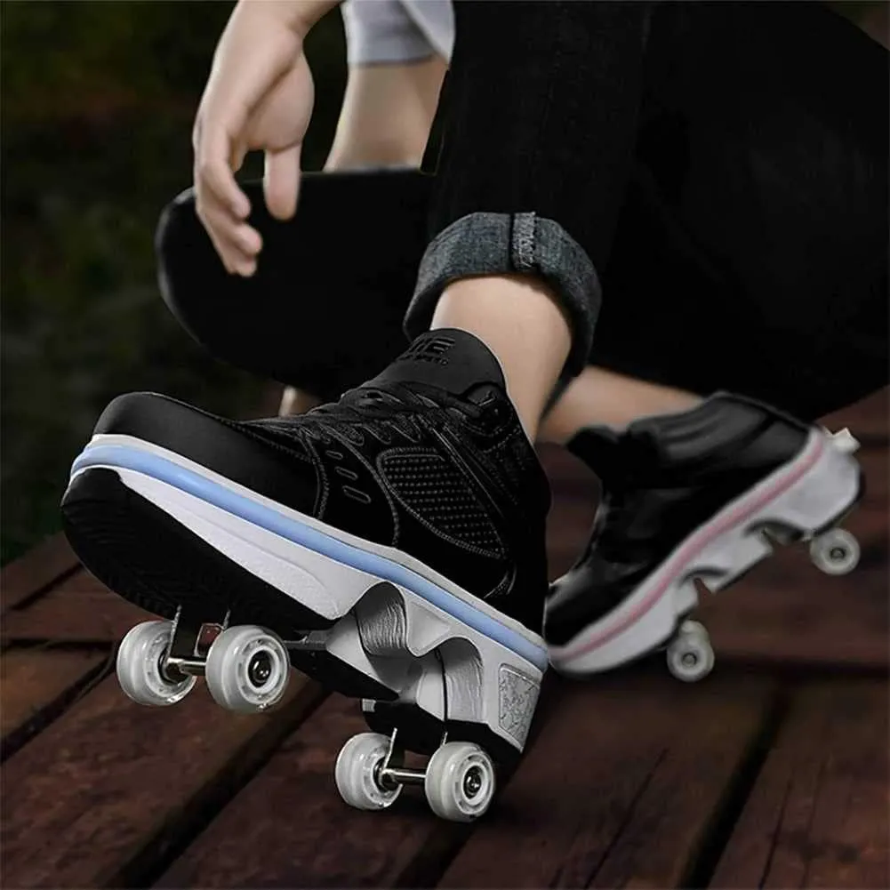 Roller Skates for Women Men Outdoor,2 in1 Parkour Shoes with Wheels for Girls/Boys,Double Row Deform Kick Roller Shoes Retractable Adults/Kids,Quad Roller Skates,Skating Shoes Recreation Sneakers