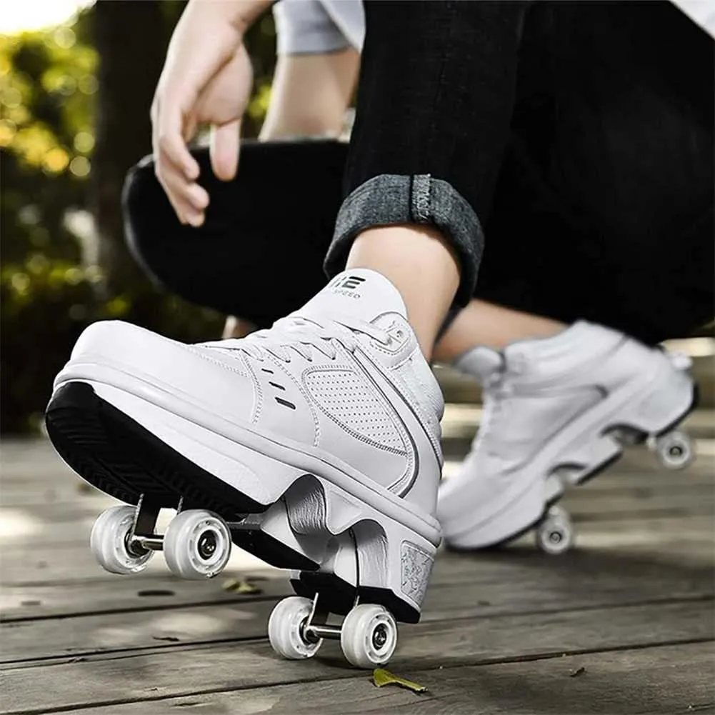 Roller Skates for Women Men Outdoor,2 in1 Parkour Shoes with Wheels for Girls/Boys,Double Row Deform Kick Roller Shoes Retractable Adults/Kids,Quad Roller Skates,Skating Shoes Recreation Sneakers
