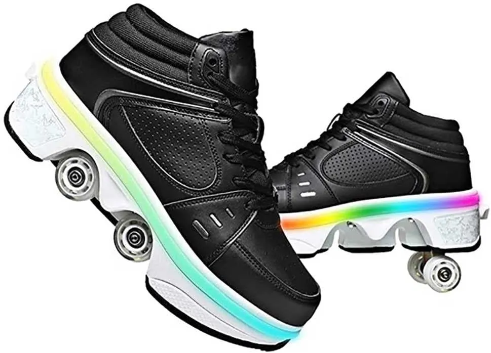 Roller Skates for Women Men Outdoor,2 in1 Parkour Shoes with Wheels for Girls/Boys,Double Row Deform Kick Roller Shoes Retractable Adults/Kids,Quad Roller Skates,Skating Shoes Recreation Sneakers
