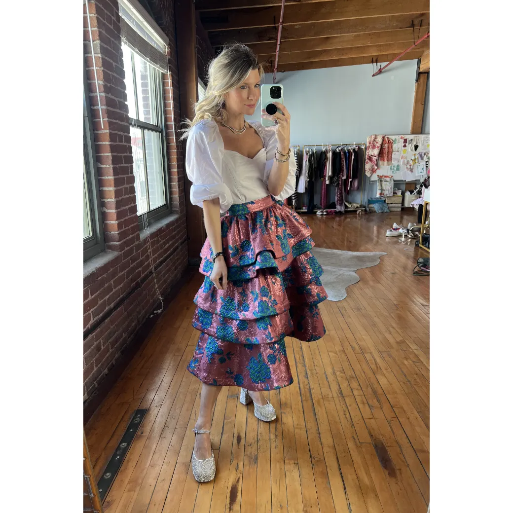 SAMPLE - MIDI Teagan Skirt - Pink Brocade