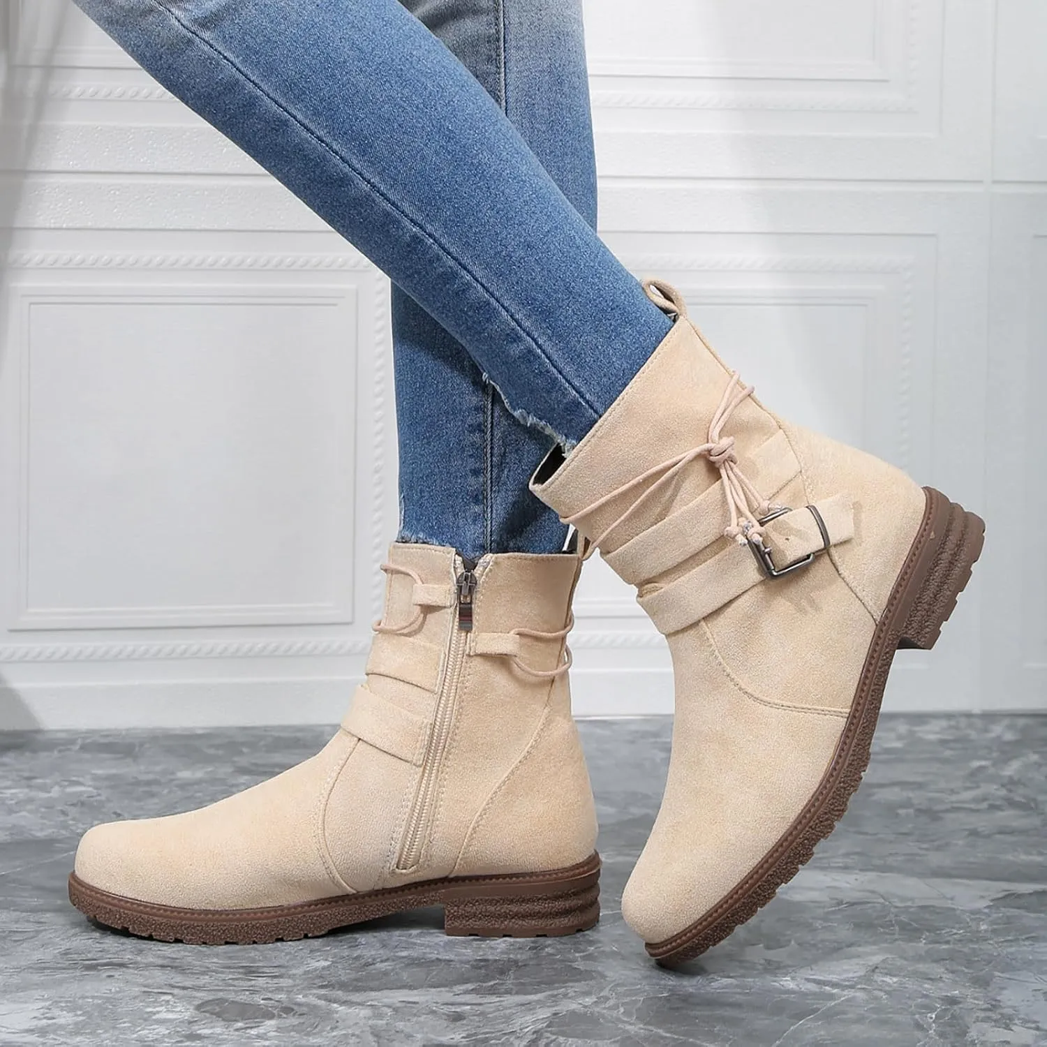 SBGMoSJ Extra Wide Calf Wedge Boots White Western Booties Women Ankle Boots Black Heeled Combat Boots Knee High Brown Calf High Boots for Women Flat Womens Mid Calf Combat Boots Brown