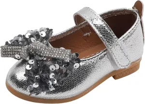 Summer and Autumn Fashion Girls Casual Shoes Solid Color Bow Rhinestones Sequins Shiny Flat Lightweight Kids High Heels (Silver, 6 Toddler)