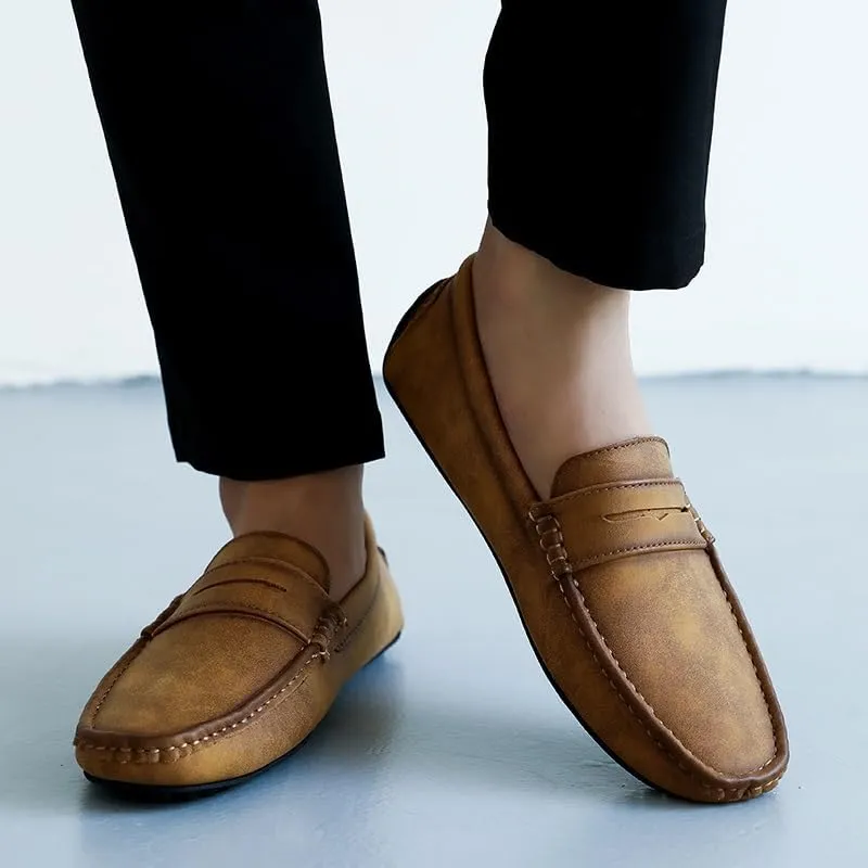 TAYGUM Mens Loafers Square Toe PU Leather Driving Penny Loafers Flexible Anti-Slip Comfortable Walking Prom Slip On