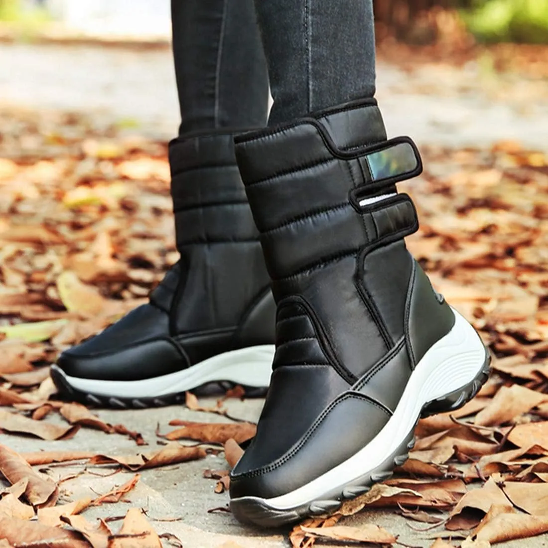 VOKLIN Women's Winter Waterproof Rain Snow Boots Fashion Platform Hook-and-Loop Mid Wide Calf Ski Snow Booties