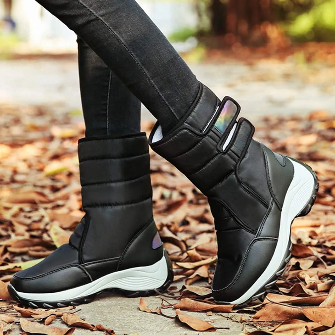 VOKLIN Women's Winter Waterproof Rain Snow Boots Fashion Platform Hook-and-Loop Mid Wide Calf Ski Snow Booties