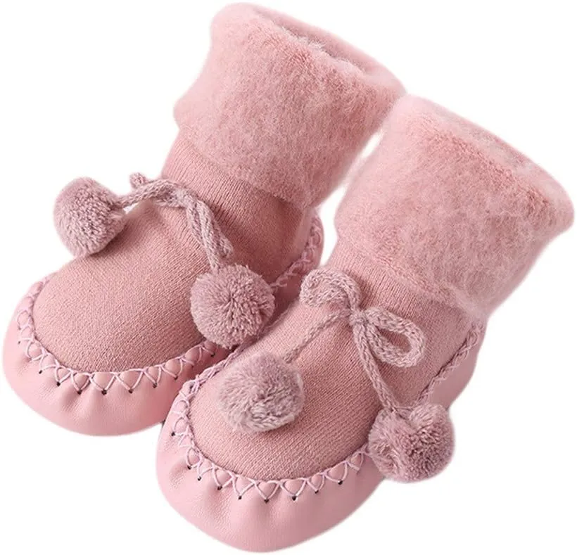 WUAI Baby Boy Girls Cable Knit Slipper Socks with Non-Skid Gripper Soles Toddlers Moccasins Anti-Slip Slipper Floor Shoes